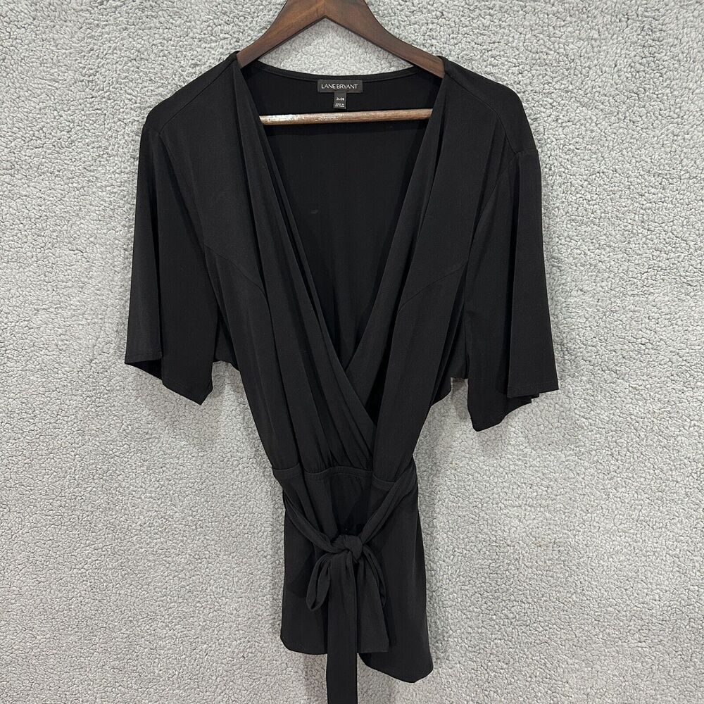 Lane Bryant Top Women 26 Black Half Sleeve Tie Back Babydoll Stretch Minimalist